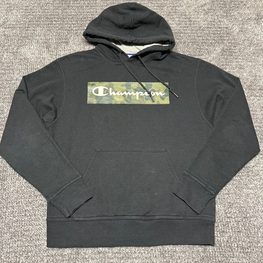 Champion Mens Hoodie Size M Black‎ Camo Box Logo Pullover Sweatshirt